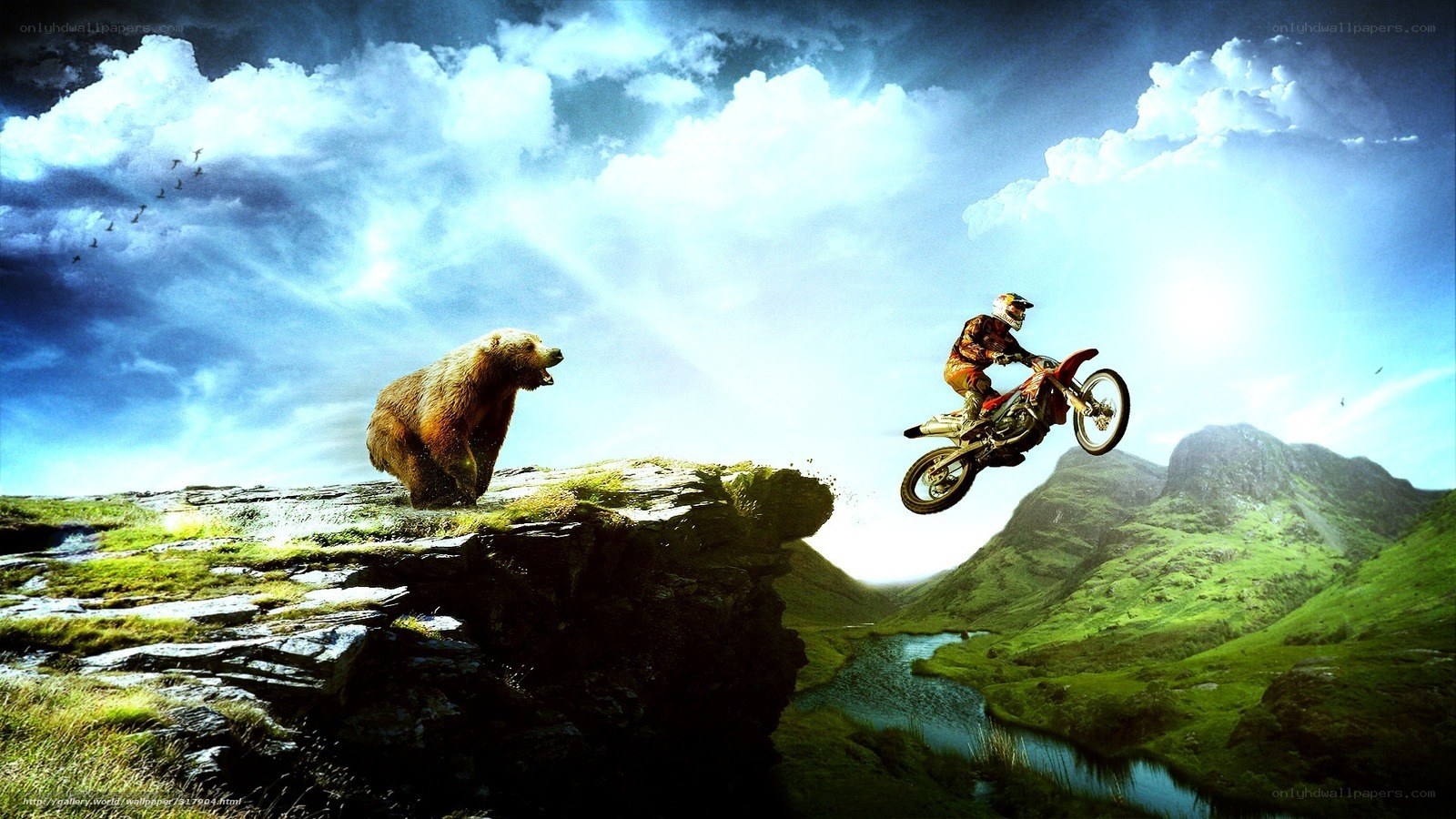 Motorcyclist jumps over bear
