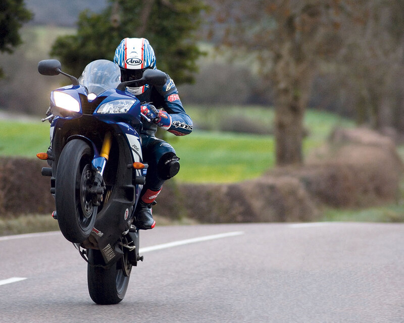 Motorcyclist on Blue Bike — Dynamic, Afternoon, Photograph, Road, Trees, Grass