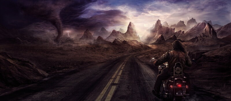 Motorcyclist on Desert Road — Purple
