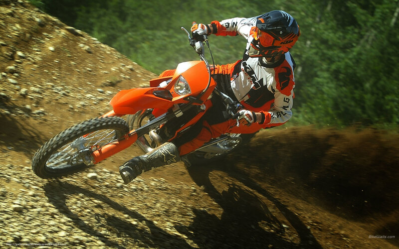Motorcyclist on Dirt Bike — Orange, Dynamic, Afternoon, Photograph, Dirt Path, Forest