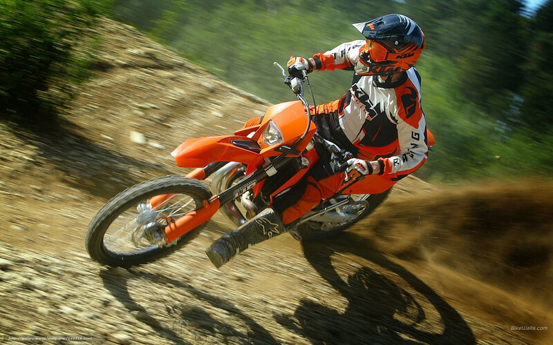 Motorcyclist on Dirt Bike — Orange, Dynamic, Afternoon, Photograph, Dirt Path, Trees