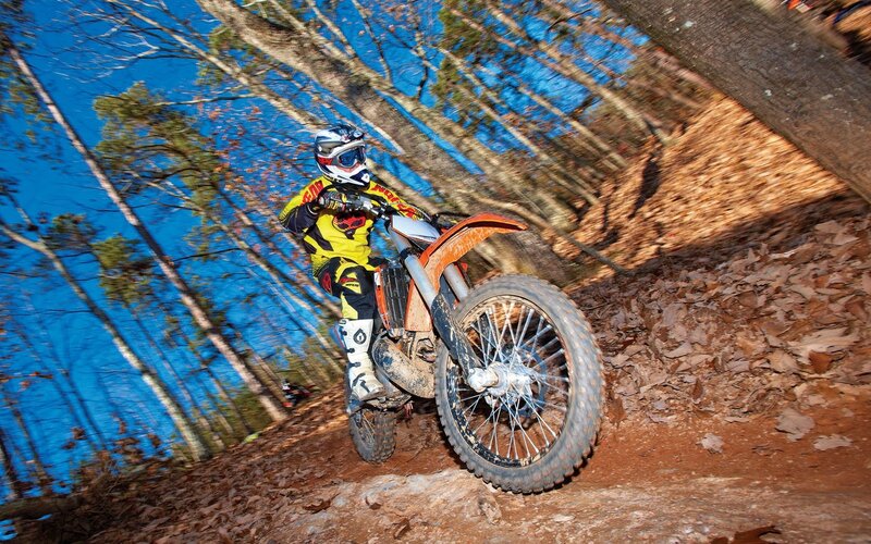 Motorcyclist on Dirt Bike — Orange, Dynamic, Autumn, Photograph