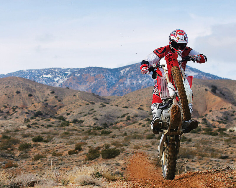 Motorcyclist on Dirt Bike — Red, Dynamic, Afternoon, Photograph
