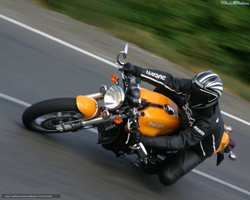 Motorcyclist on Orange Bike — Dynamic, Photograph, Road, Helmet