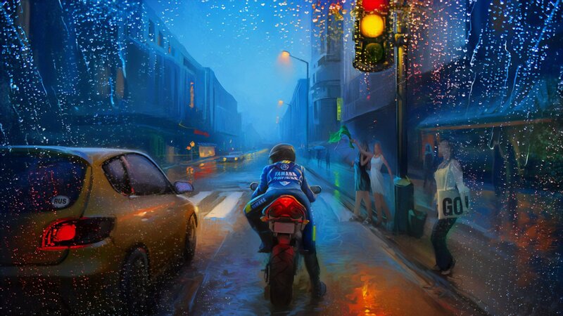 Motorcyclist on Rainy Street