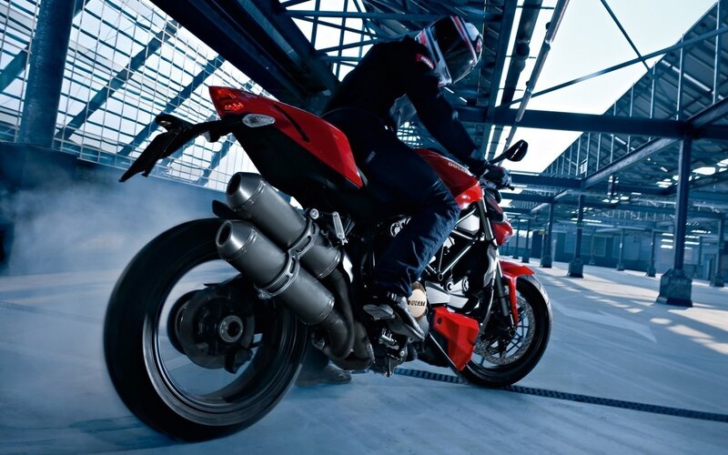 Motorcyclist on Red Bike — Dramatic, Afternoon, Photograph, Helmet, Smoke
