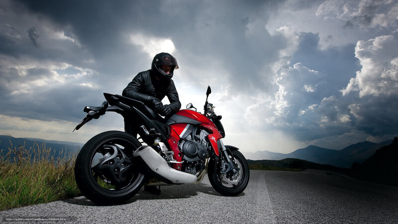 Motorcyclist on Red Bike — Dramatic, Afternoon, Photograph