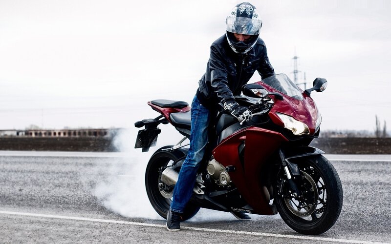 Motorcyclist on Red Bike — Dramatic, Photograph, Smoke