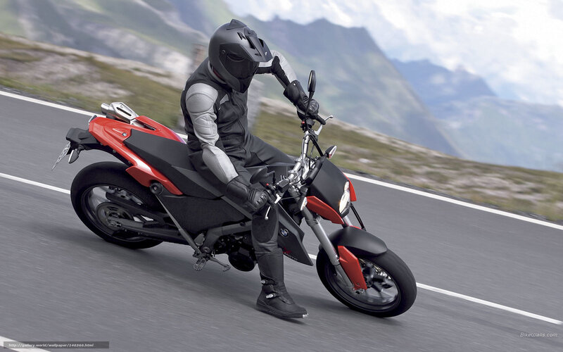 Motorcyclist on Red Bike — Dynamic, Afternoon, Photograph, Mountains