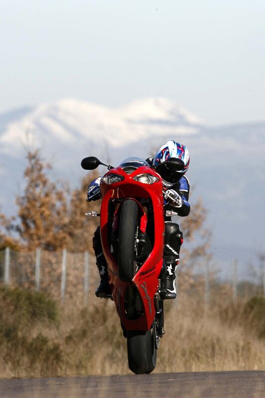 Motorcyclist on Red Bike — Dynamic, Afternoon, Photograph, Mountains, Trees