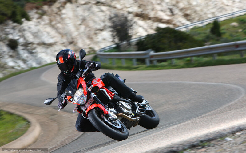 Motorcyclist on Red Bike — Dynamic, Afternoon, Photograph, Road, Guardrail, Hill