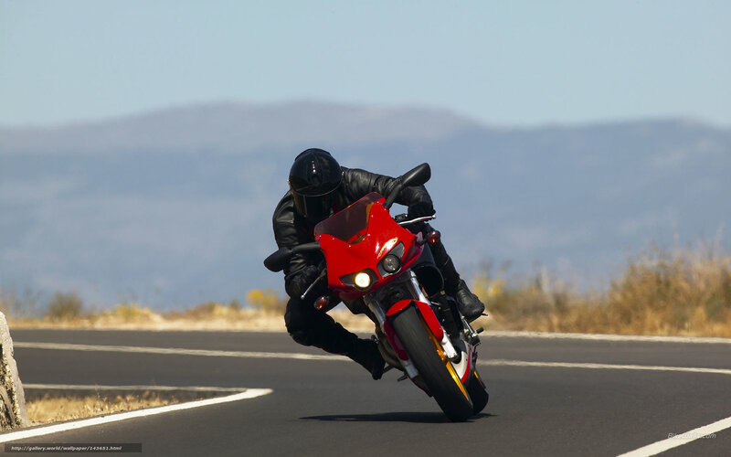 Motorcyclist on Red Bike — Dynamic, Afternoon, Photograph, Road, Mountains