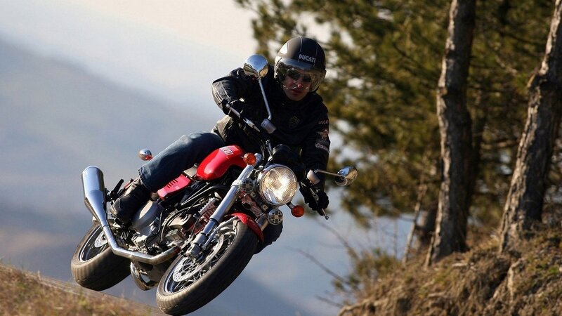 Motorcyclist on Red Bike — Dynamic, Afternoon, Photograph, Trees, Helmet
