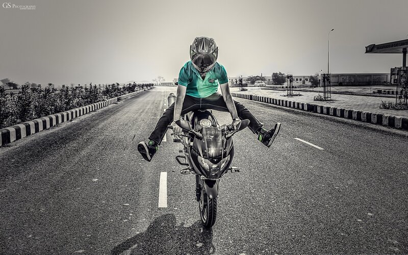 Motorcyclist on Road — Black, Dramatic, Photograph, Helmet