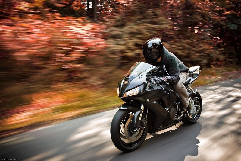 Motorcyclist on Road — Black, Dynamic, Autumn, Photograph, Trees