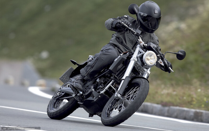 Motorcyclist on Road — Black, Dynamic, Photograph, Helmet, Bushes