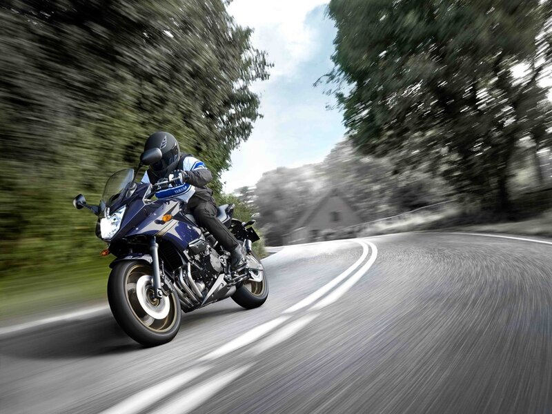 Motorcyclist on Road — Blue, Dynamic, Afternoon, Photograph, Trees