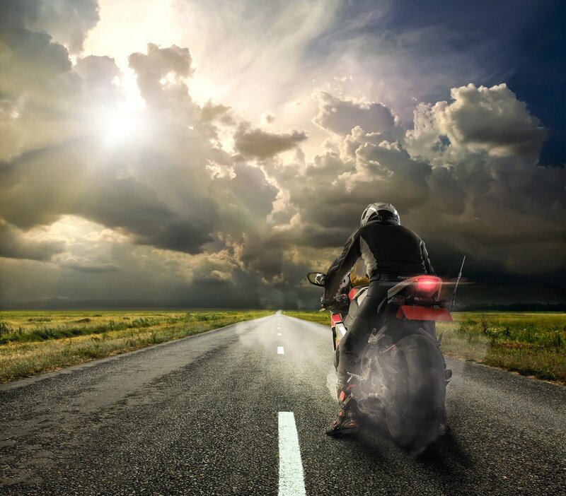 Motorcyclist on Road — Gray, Dramatic, Afternoon