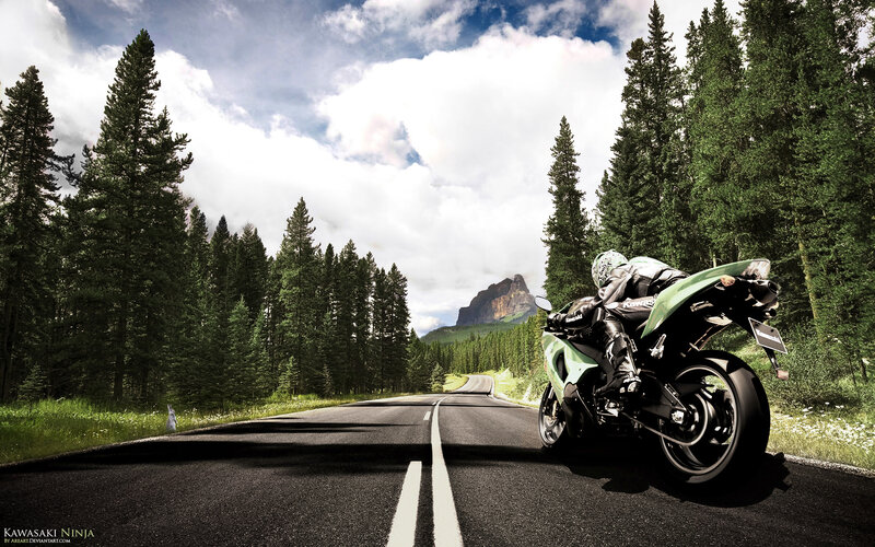 Motorcyclist on Road — Green, Serene