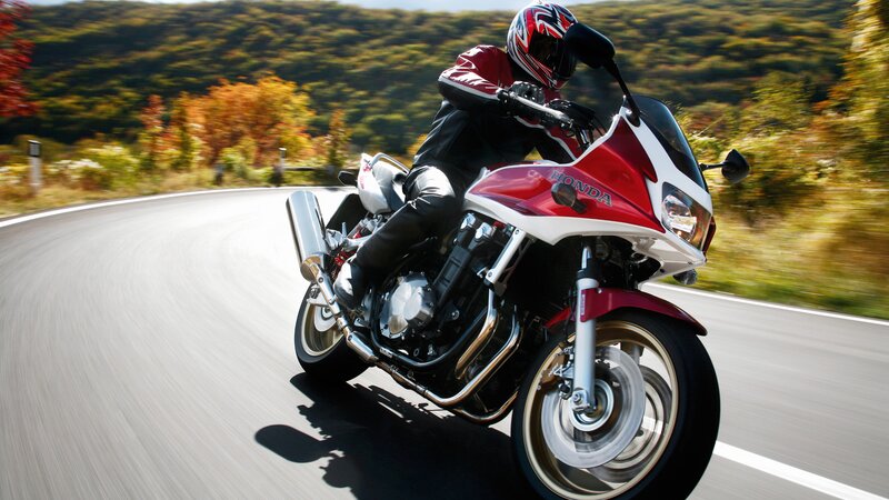 Motorcyclist on Road — Red, Dynamic, Autumn, Photograph