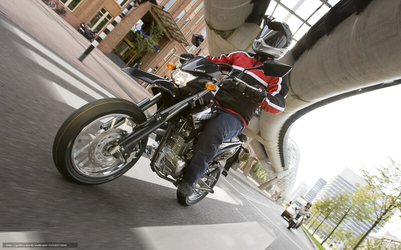 Motorcyclist on Street — Black, Dynamic, Afternoon, Photograph, Helmet, Building