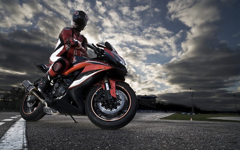 Motorcyclist on Track — Black, Dramatic, Afternoon, Photograph