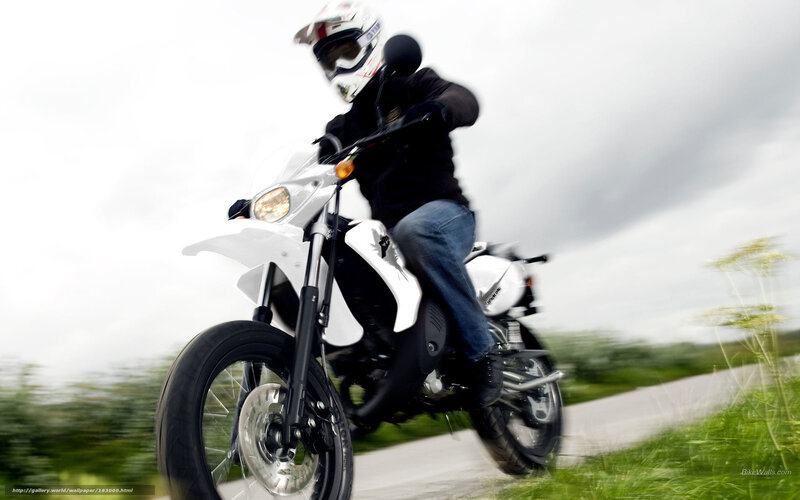 Motorcyclist on White Bike — Dynamic, Photograph, Helmet, Road, Grass