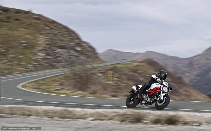 Motorcyclist on Winding Road — Gray, Dynamic, Photograph, Mountain