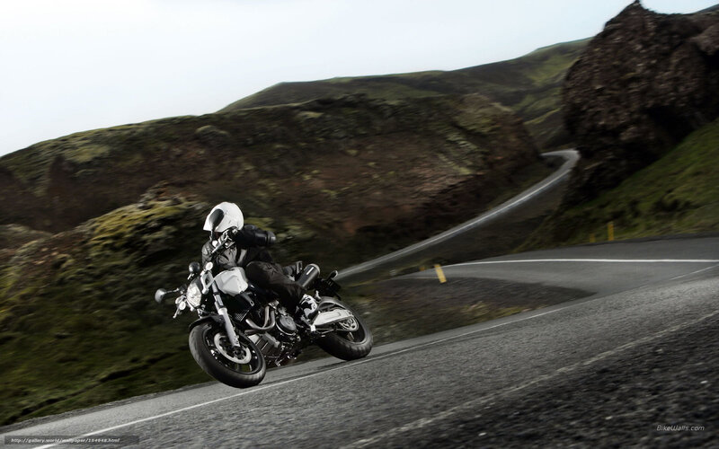 Motorcyclist on Winding Road — Gray, Dynamic, Photograph