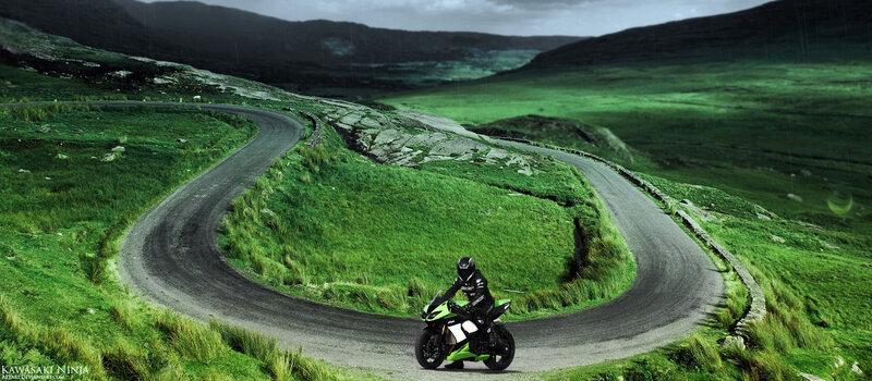 Motorcyclist on Winding Road — Green, Dramatic, Digital Art
