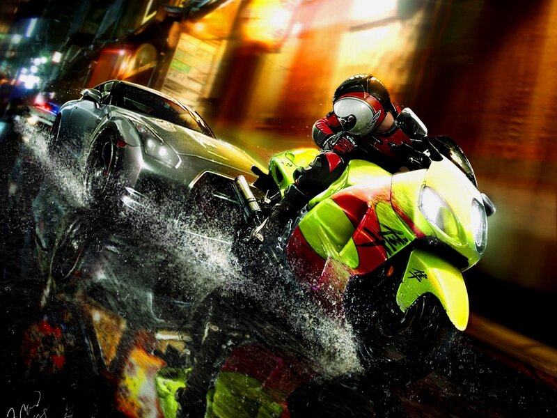 Motorcyclist Racing Car