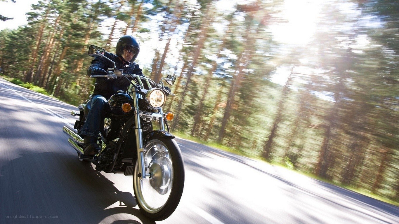 Motorcyclist riding on forest road