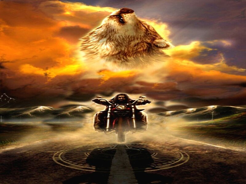 Motorcyclist with Wolf