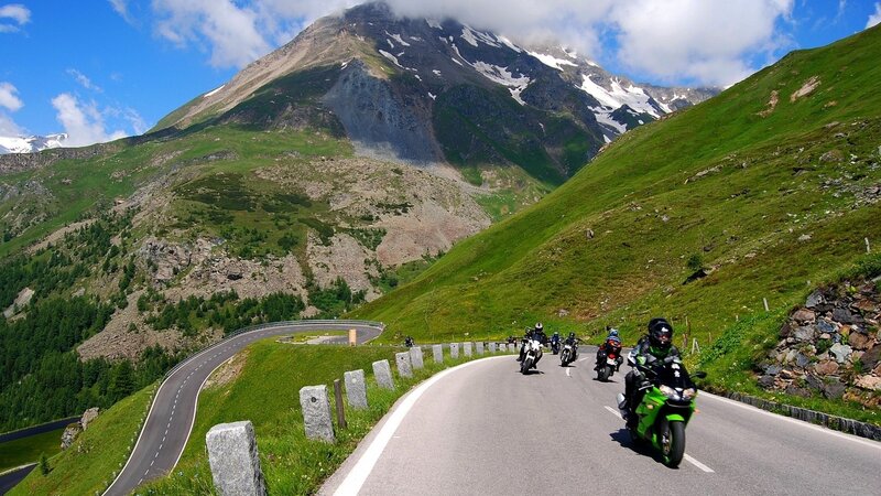 Motorcyclists on Mountain Road — Green, Serene