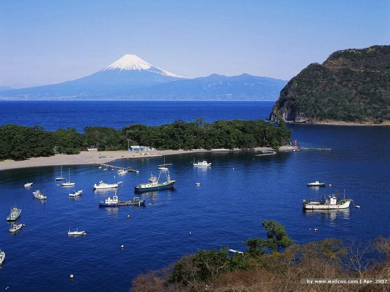 Mount Fuji and coastal harbor