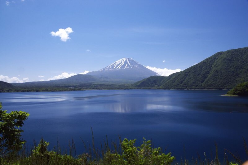 Mount Fuji and Lake — Blue, Serene, Afternoon, Photograph, Mountain, Sky