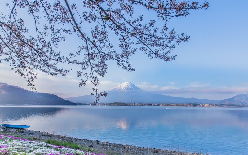 Mount Fuji and Lake — Blue, Serene, Spring, Photograph