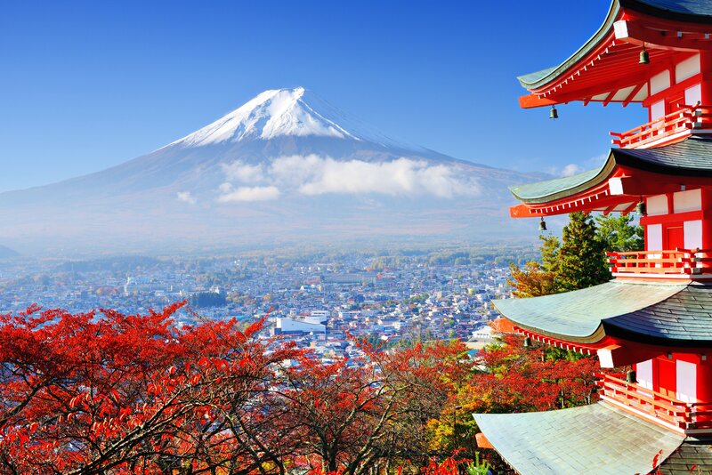 Mount Fuji and Temple — Red, Serene