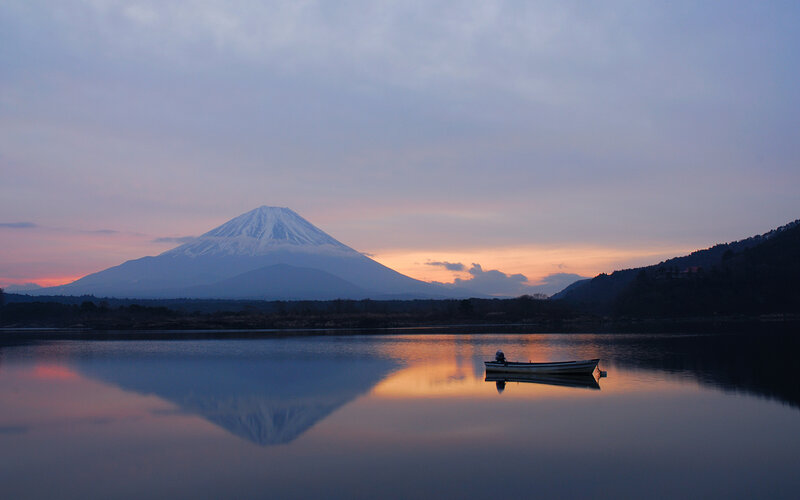 Mount Fuji at dawn with boat