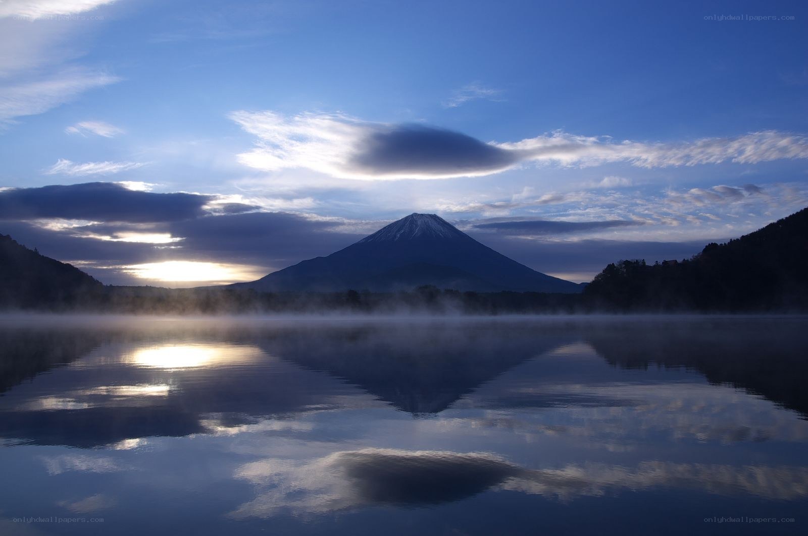 Mount Fuji at dawn with mist