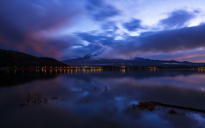 Mount Fuji at Dusk — Blue, Serene, Night, Photograph, Lake