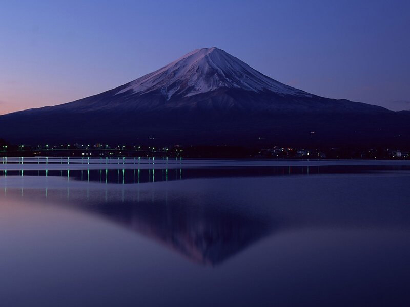 Mount Fuji at Dusk — Blue, Serene, Night, Photograph, Mountain, Lake