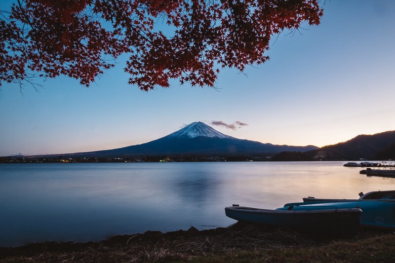 Mount Fuji at Dusk — Blue, Serene, Sunset, Photograph, Lake, Maple Leaves