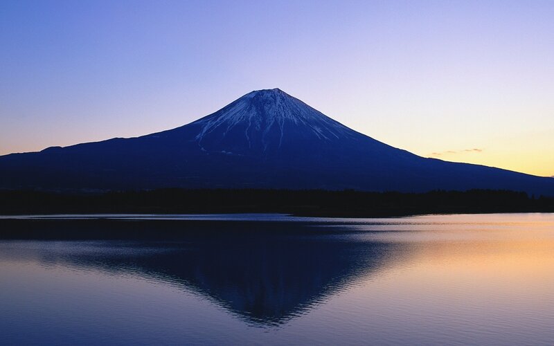 Mount Fuji at Dusk — Blue, Serene, Sunset, Photograph, Lake
