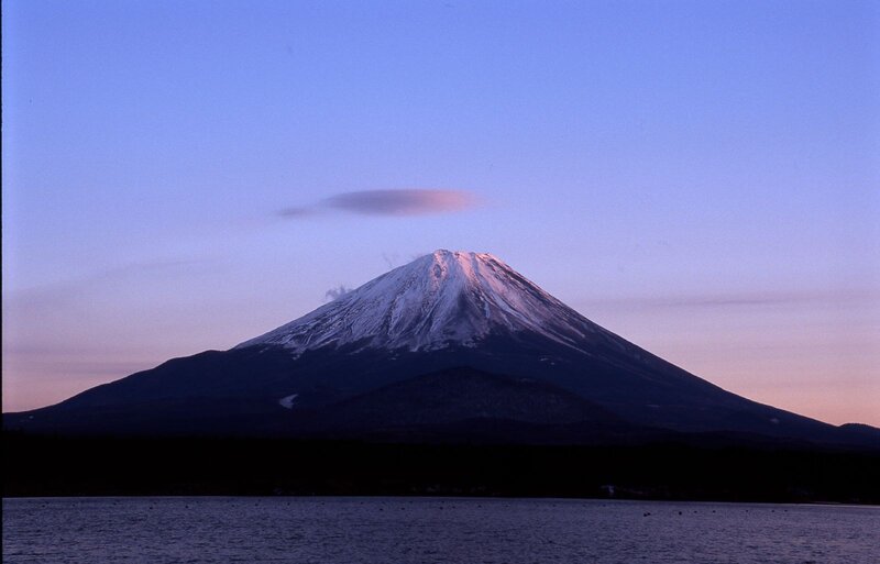 Mount Fuji at Dusk — Blue, Serene, Sunset, Photograph, Mountain, Lake, Cloud