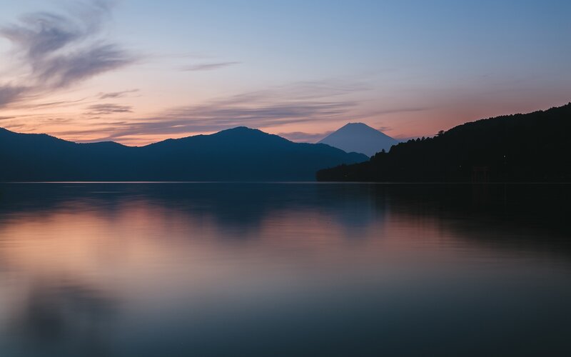 Mount Fuji at Dusk — Blue, Serene, Sunset, Photograph, Mountain, Lake
