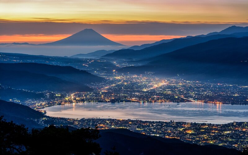 Mount Fuji at Dusk — Orange, Serene, Sunset