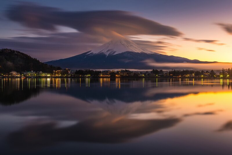 Mount Fuji at Dusk — Purple, Serene, Sunset, Photograph, Lake