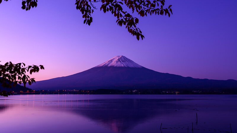 Mount Fuji at Dusk — Purple, Serene, Sunset, Photograph, Lake, Trees
