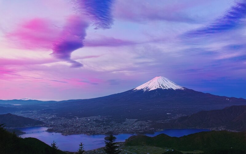 Mount Fuji at Dusk — Purple, Serene, Sunset, Photograph, Snow-capped Mountain